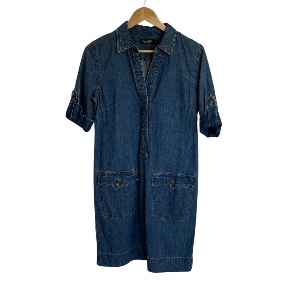 Lauren Ralph Lauren Denim Shirt Dress Small Petite SP Blue Utility Pockets